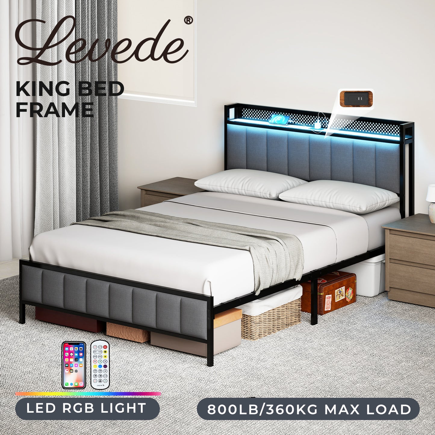 Levede Bed Frame Metal King Size LED Light Upholstered Soft Headboard USB Charge