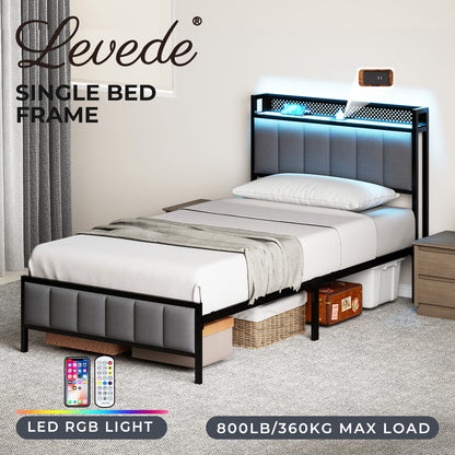 Levede Single Bed Frame LED Lights Headboard USB Charge Metal Mattress Platform