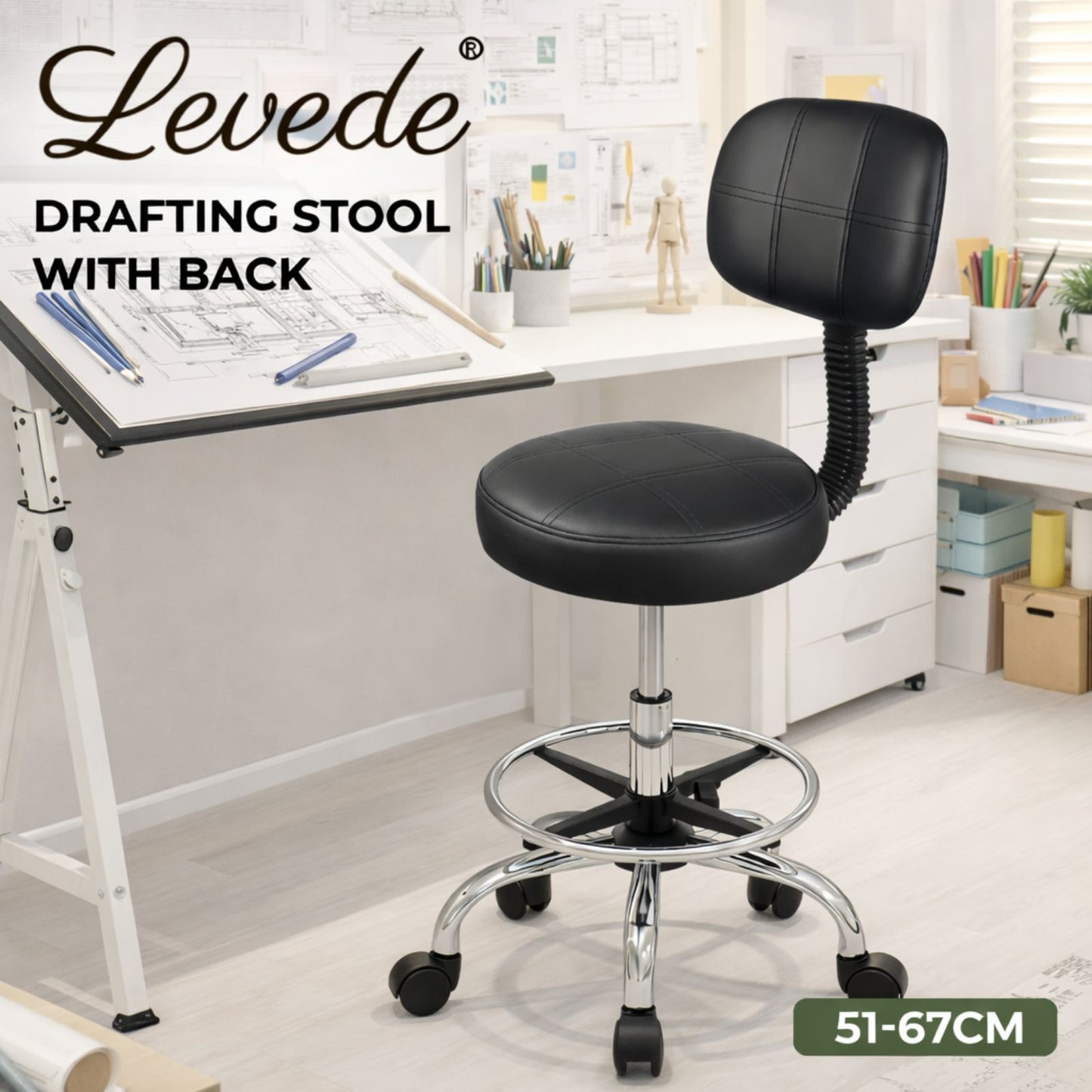 Levede Swivel Drafting Chair Low Back Round Rolling Stool Height Adjustable