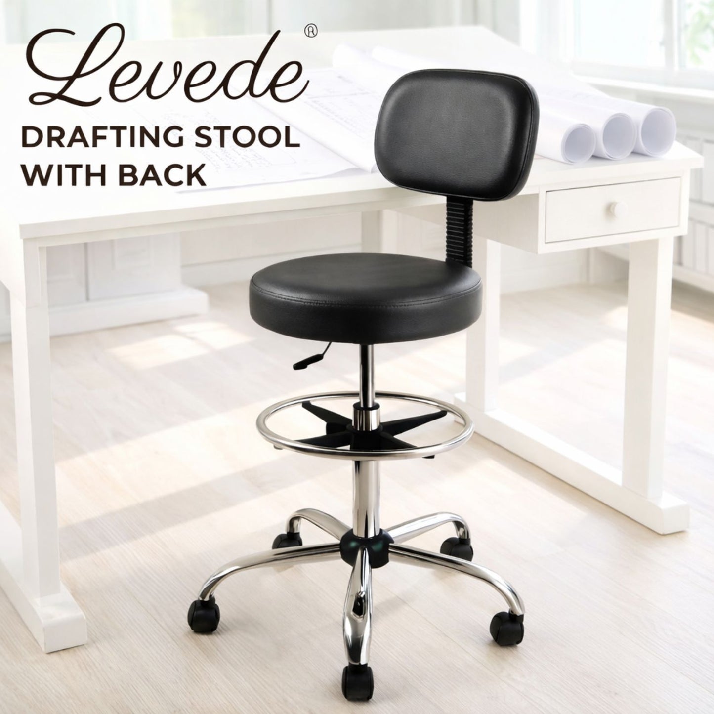 Levede Swivel Drafting Chair Ergonomic Stool Height Adjustable Footrest Backrest