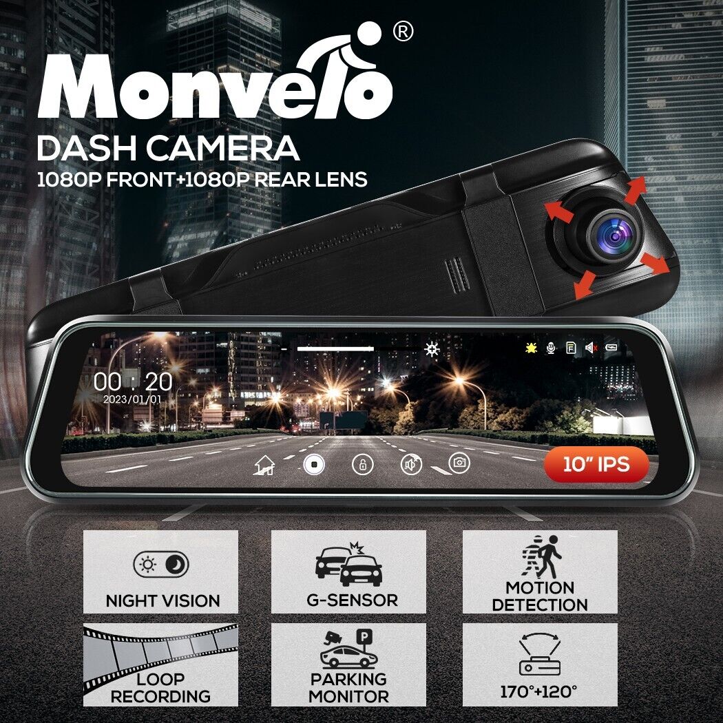 Monvelo Dash Cam Front and Rear 1080P Camera Car DVR Recorder Night Vision 10"