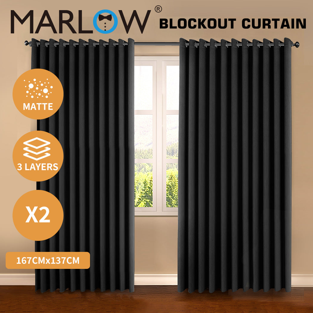 Marlow Blockout Curtains Panel 2x Blockot Eyelet Ring Top Black for Living Room