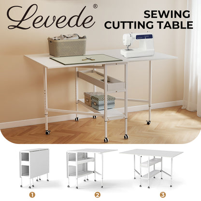 Levede Folding Sewing Table Craft Desk with Storage Lockable Wheels Adjustable