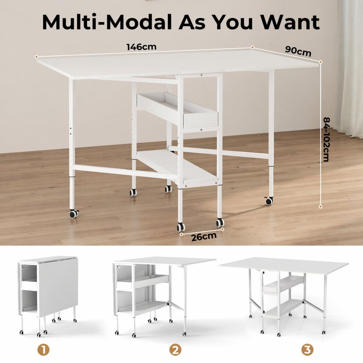 Levede Folding Sewing Table Craft Desk with Storage Lockable Wheels Adjustable