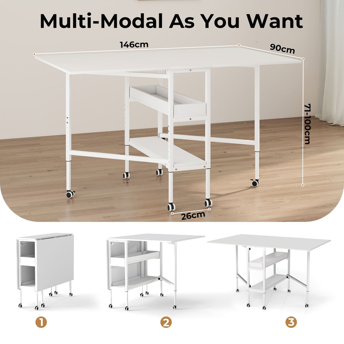 Levede Folding Sewing Table Craft Desk with Storage Lockable Wheels Adjustable