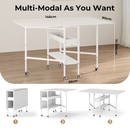 Levede Folding Sewing Table Craft Desk with Storage Lockable Wheels Adjustable