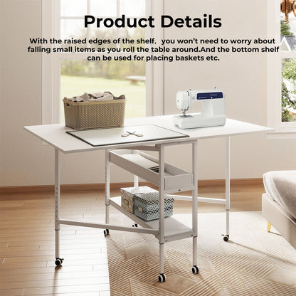 Levede Folding Sewing Table Craft Desk with Storage Lockable Wheels Adjustable
