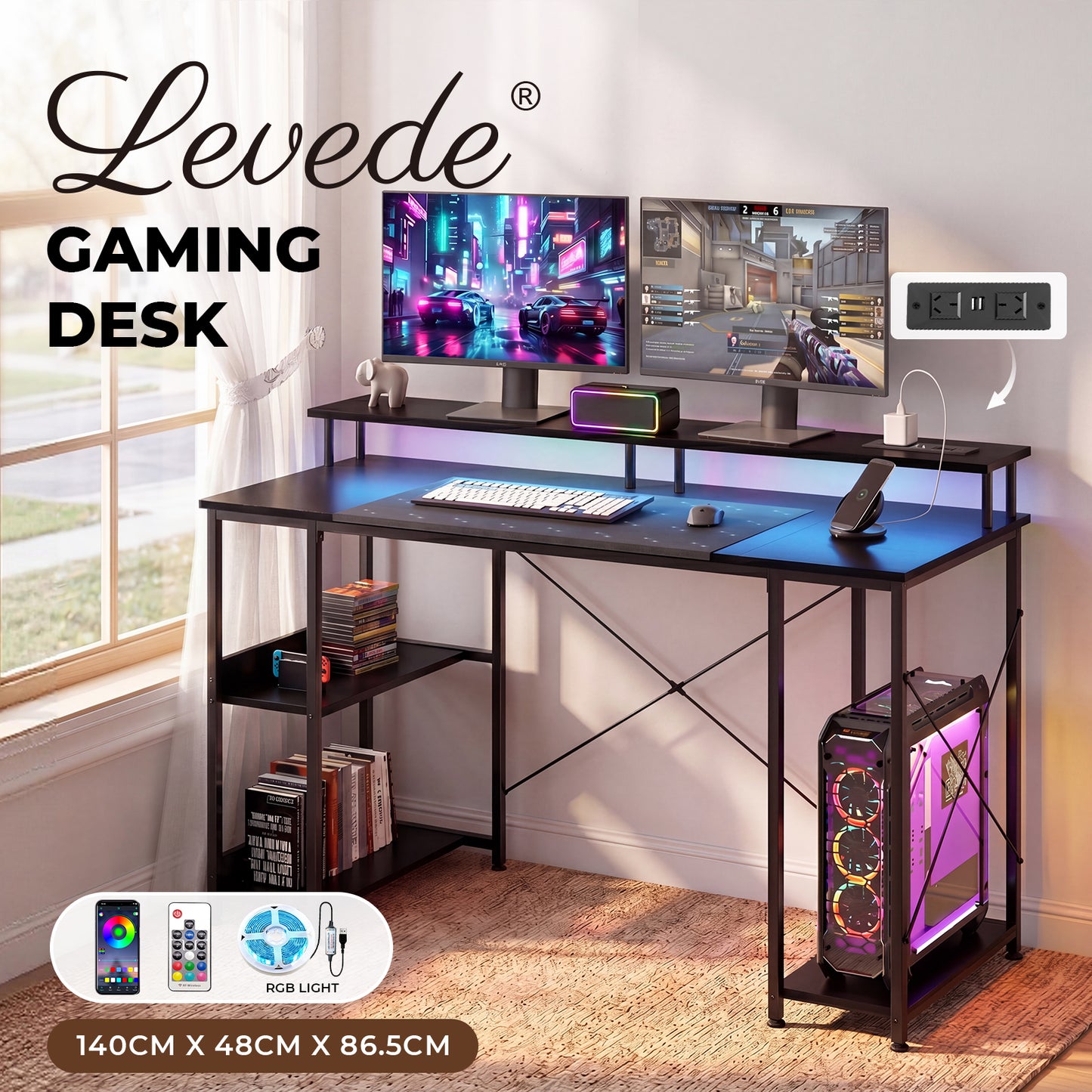 Levede Gaming Computer Desk Office Table with Lights Shelves Power Port 140cm