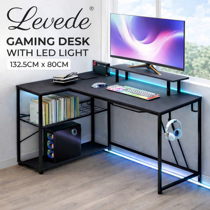 Levede Gaming Desk Corner L-Shaped Computer Table with LED Lights Storage USB