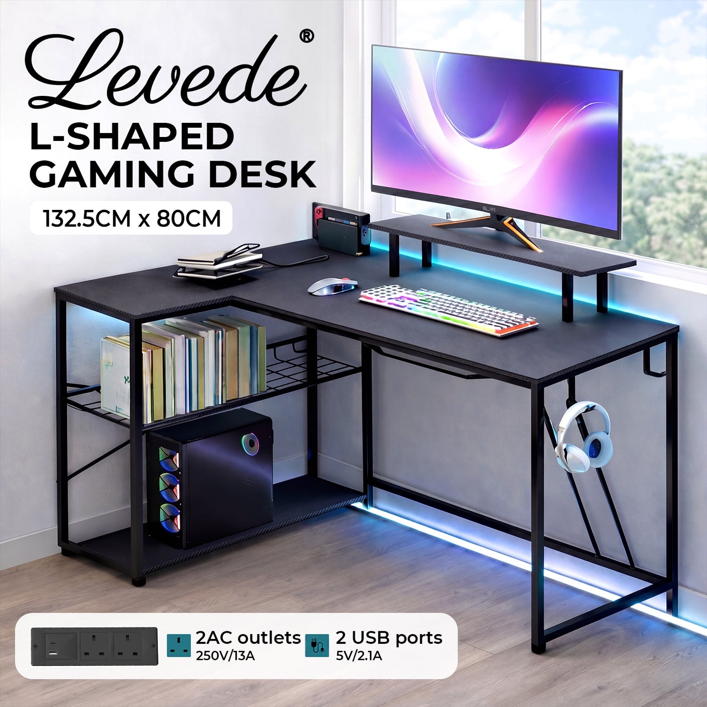 Levede Gaming Desk Corner L-Shaped Computer Table with LED Lights Storage USB