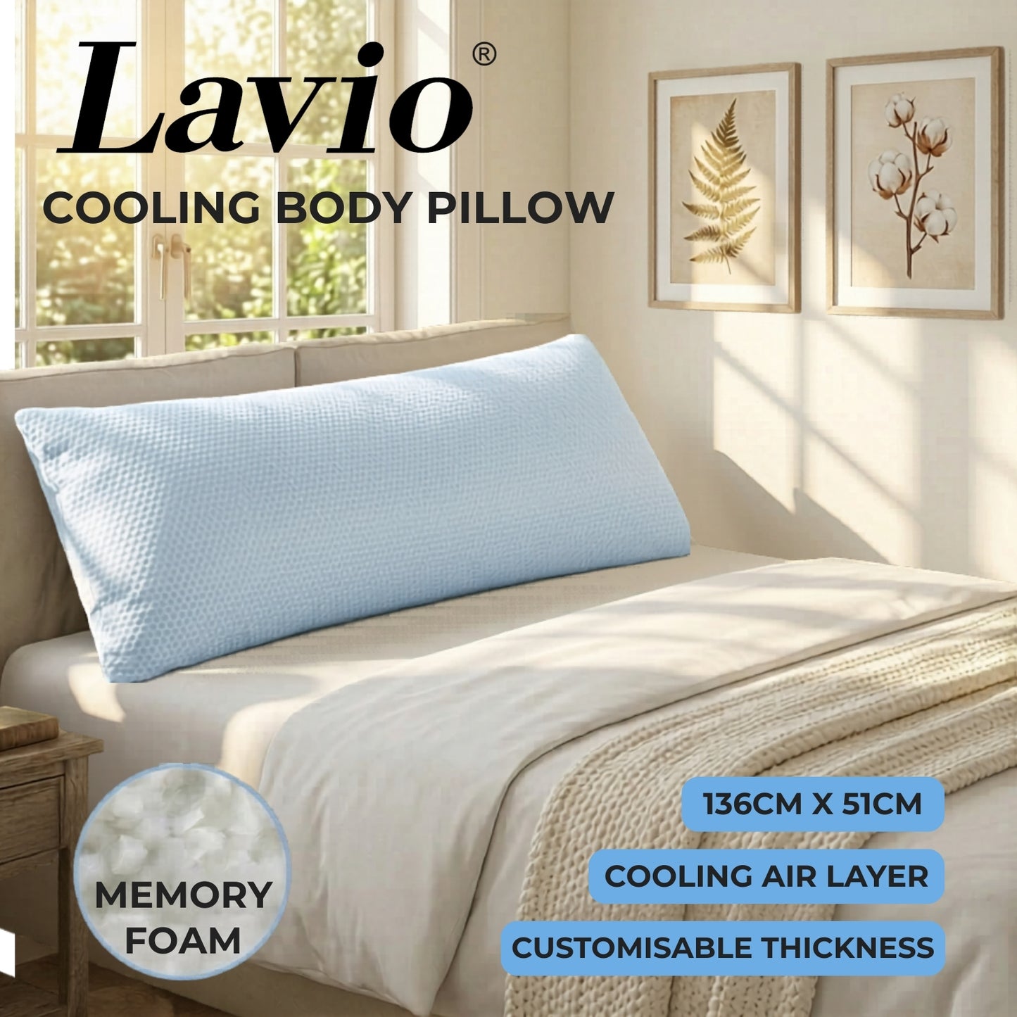 Lavio Long Bolster Pillow Memory Foam Cooling Cover Pregnancy Nursing Maternity Body Support