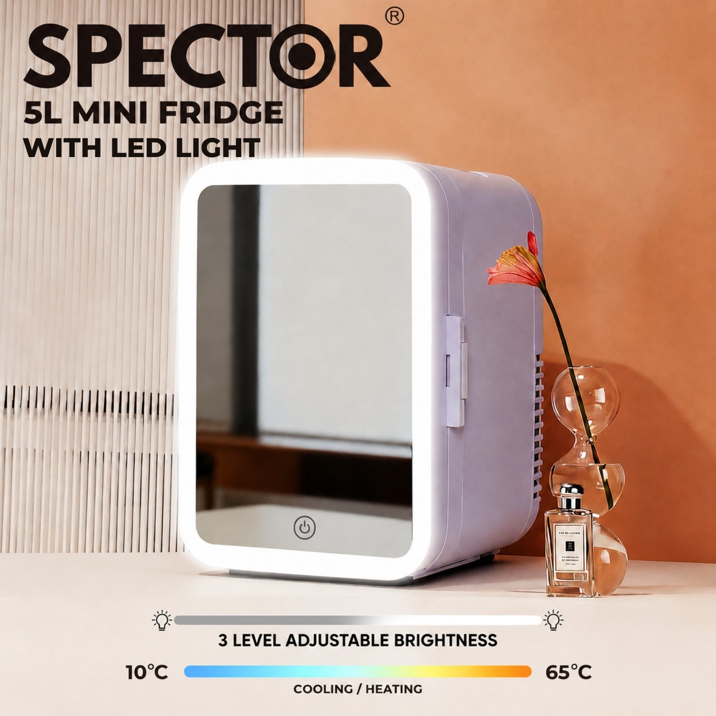 Spector Mini Fridge 5L Portable Tabletop Cooler Warmer LED Makeup Mirror Bedroom