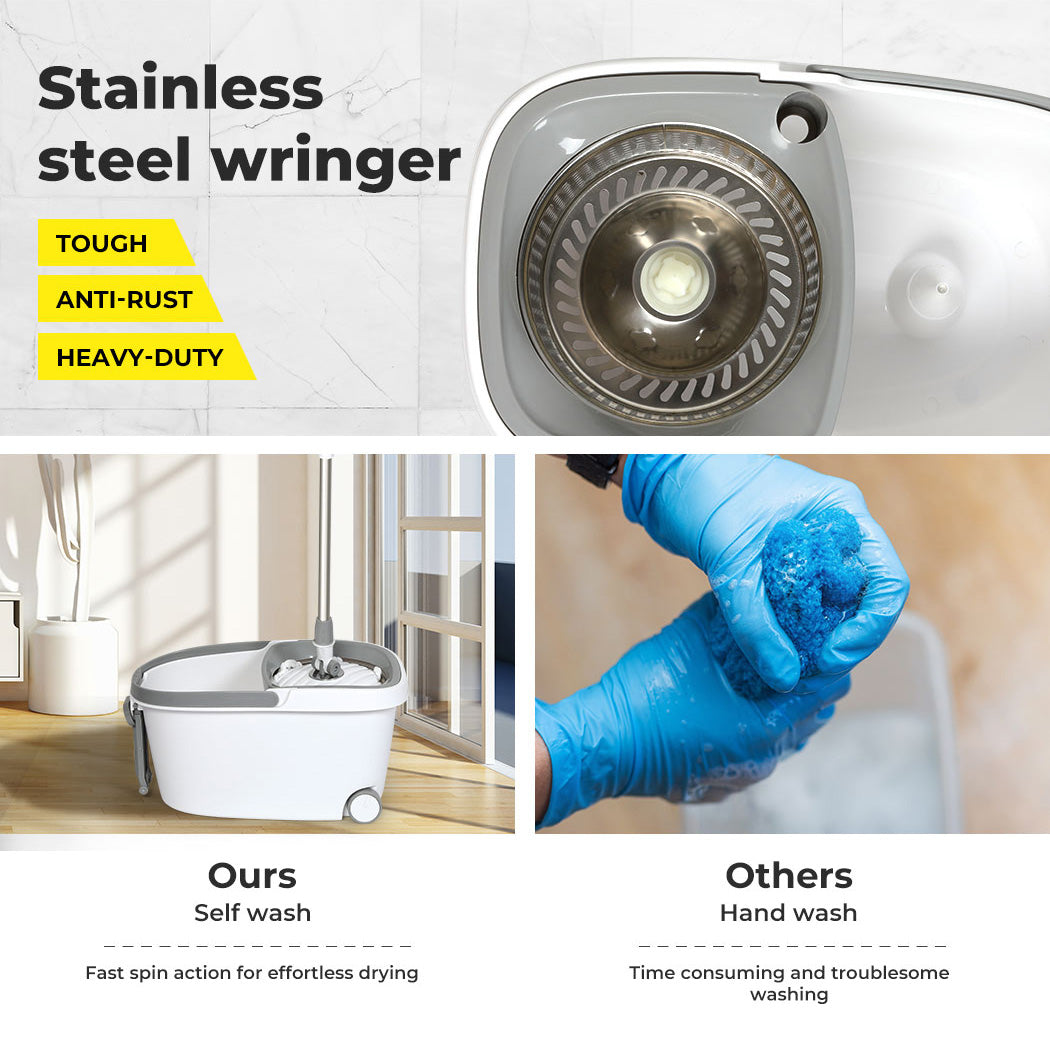 Cleanflo Spin Bucket Set Wet Dry Stainless Steel 360Â° Rotating 2 Floor Mop Head