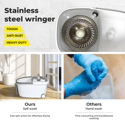 Cleanflo Spin Bucket Set Wet Dry Stainless Steel 360Â° Rotating 2 Floor Mop Head