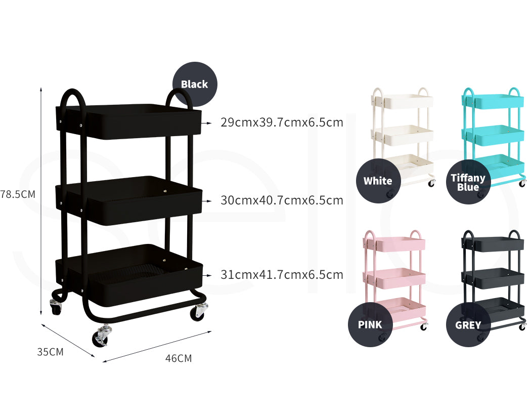 Levede Kitchen Trolley Cart 3 Tiers Storage Rack Steel Shelf Organiser Wheels
