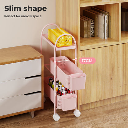 Levede 3 Tier Narrow Kitchen Trolley Cart with Pull-Out Baskets & Storage Bins