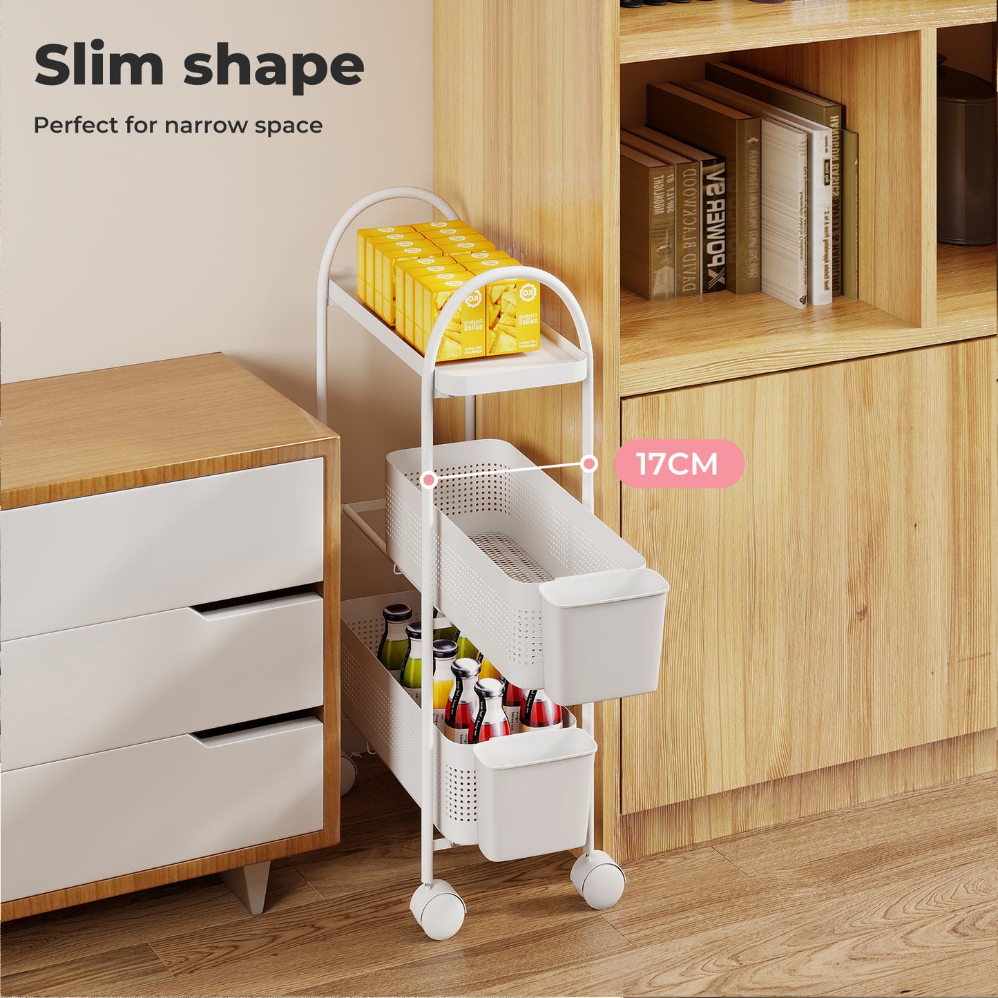 Levede 3 Tier Narrow Trolley Cart on Wheels Pull out and Hanging Storage Basket
