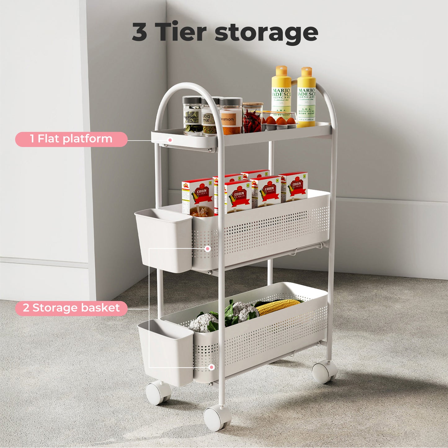 Levede 3 Tier Narrow Trolley Cart on Wheels Pull out and Hanging Storage Basket