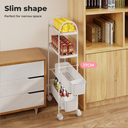 Levede 4 Tier Kitchen Trolley Cart Narrow on Wheels Pull out Bakset Storage Bins