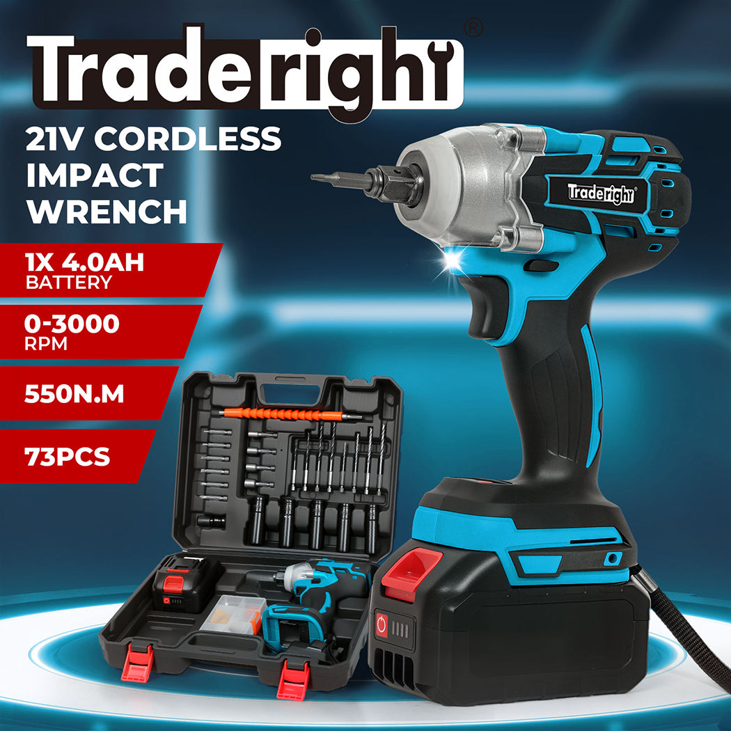 Traderight 21V Brushless Impact Wrench Drill 1/2" Rattle Gun 4.0Ah Battery Kit