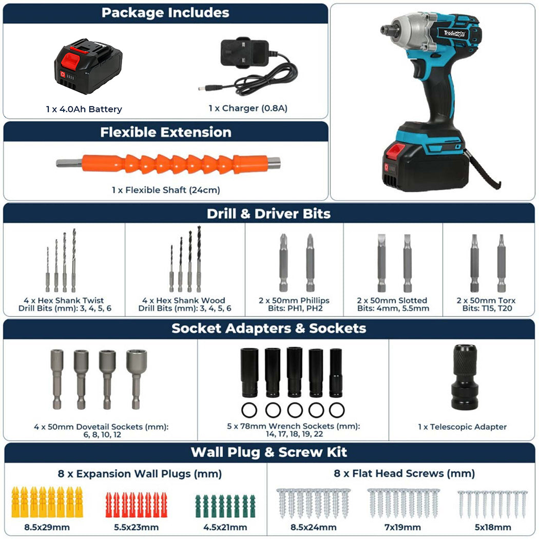 Traderight 21V Brushless Impact Wrench Drill 1/2" Rattle Gun 4.0Ah Battery Kit