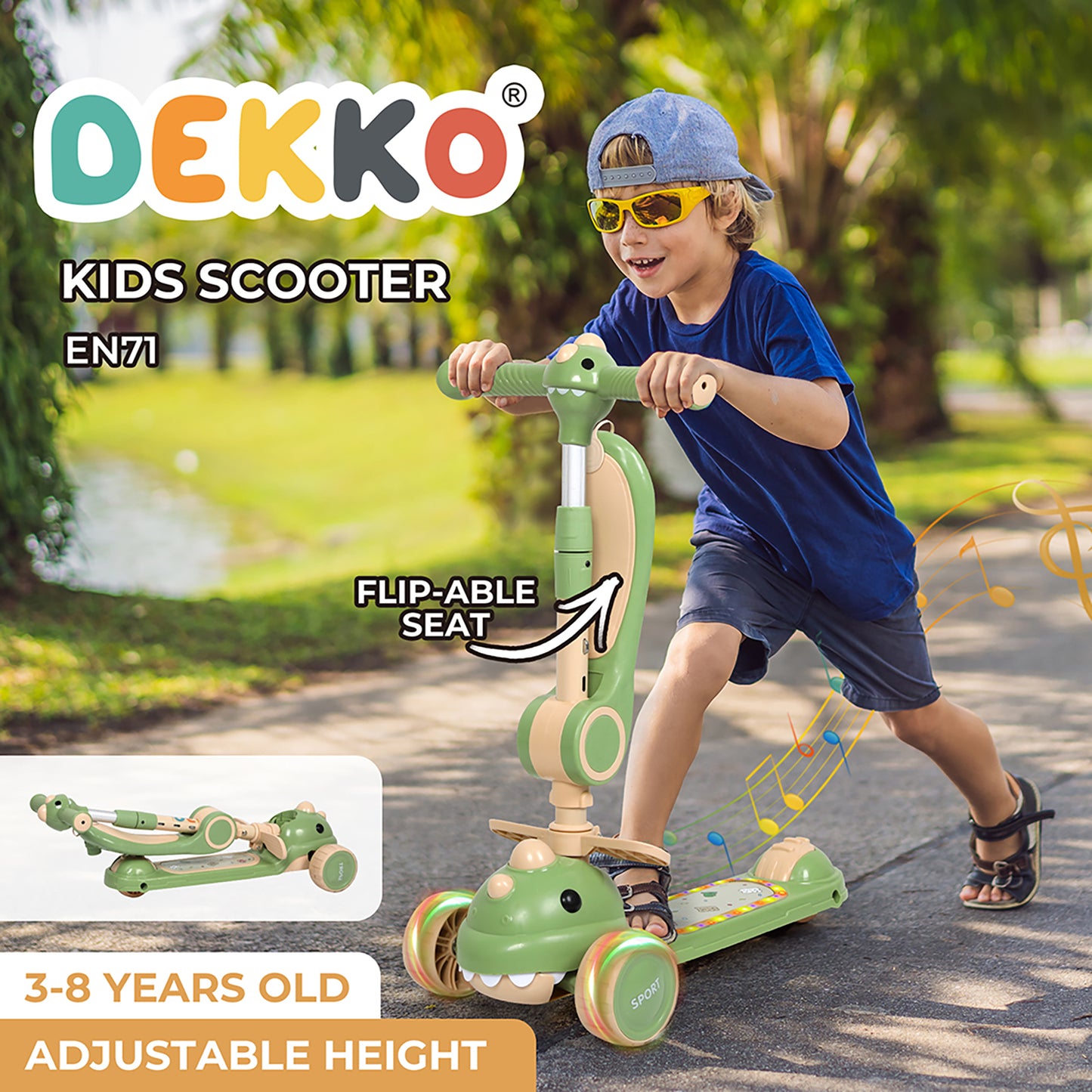 Dekko Foldable Kids Scooter Flip-able Seat Adjustable Height LED Light Green