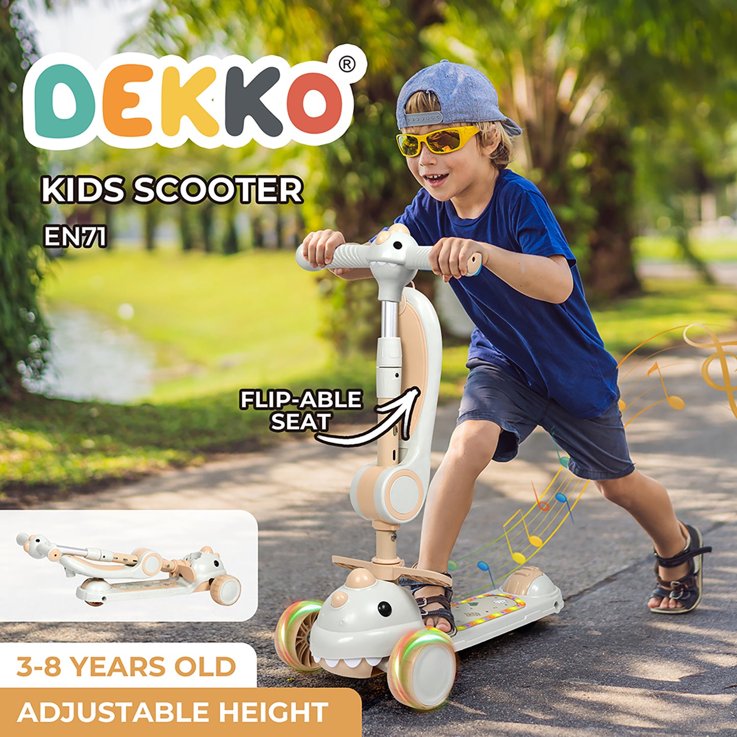 Dekko Foldable Kids Scooter Flip-able Seat Adjustable Height LED Light Beige