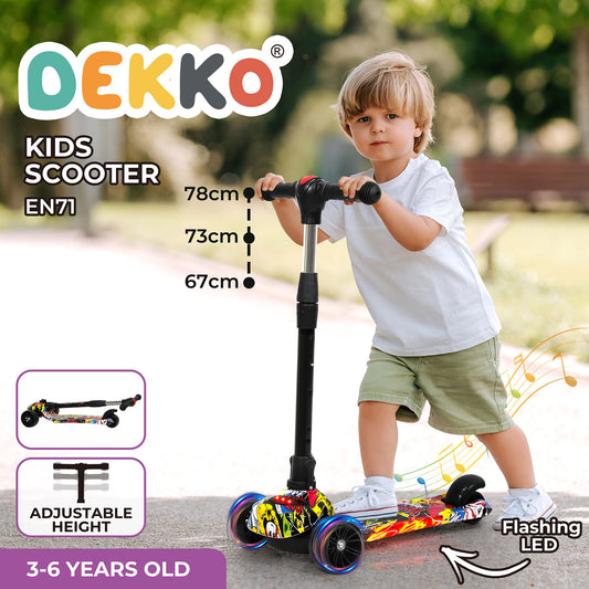 Dekko Foldable Kids Scooter Adjustable Height Flashing LED Music Multi-colour