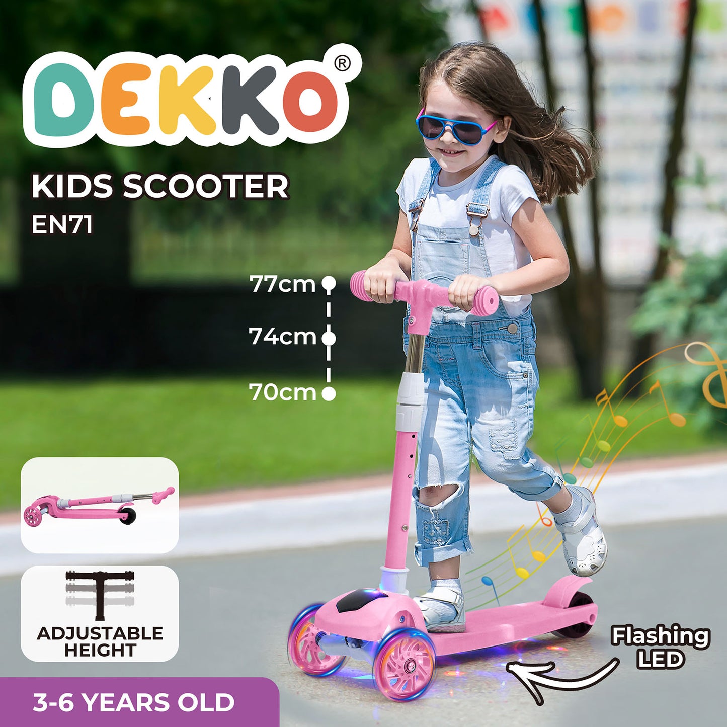 Dekko Foldable Kids Scooter Adjustable Height Flashing LED Music 3 Wheels Pink