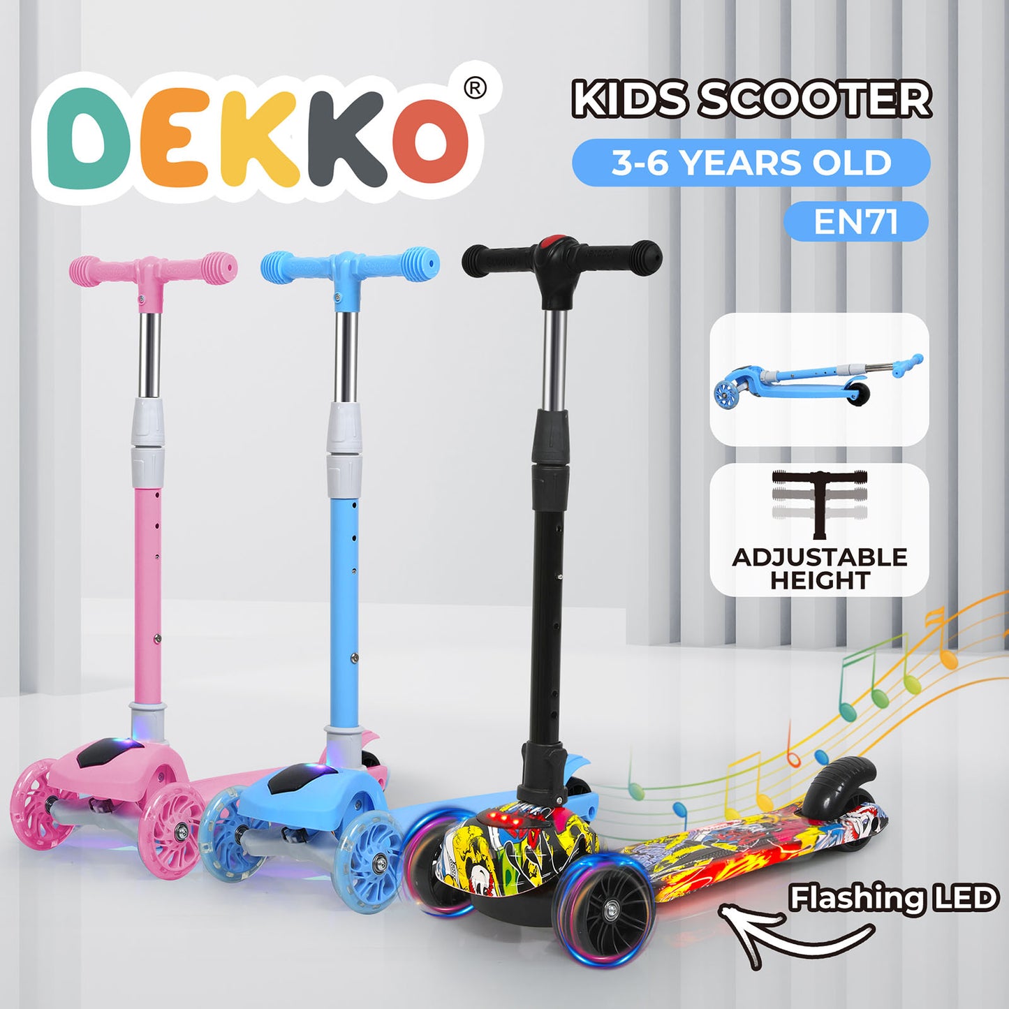 Dekko Kids Scooter Foldable Adjustable Height Flashing LED Light Music 3 Wheels