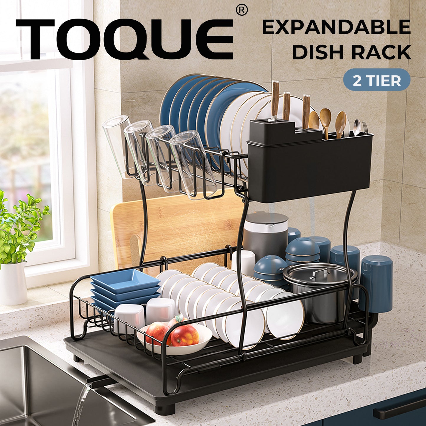 Toque Expandable Dish Drainer Rack 2 Tier Cutlery Plate Holder with Drip Tray