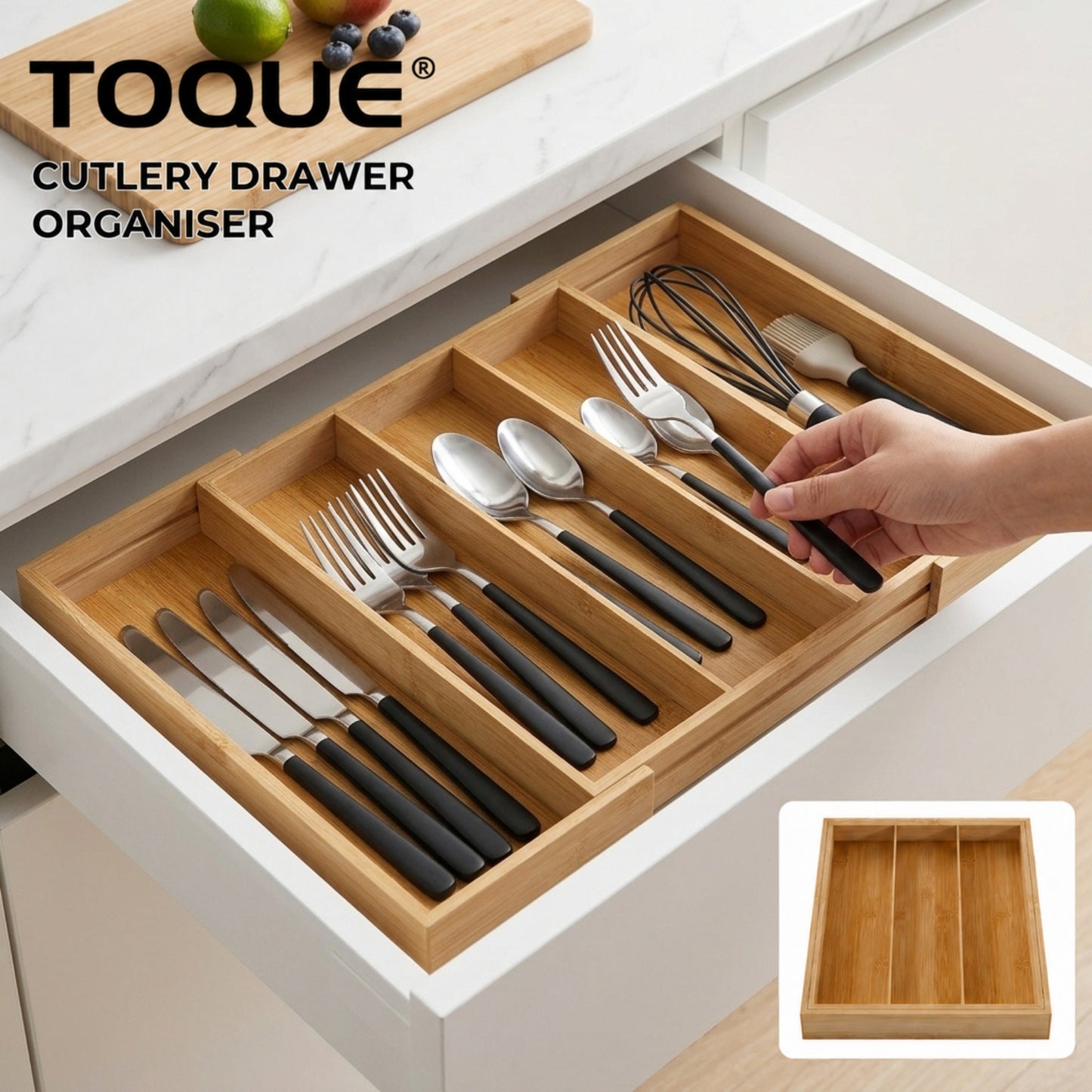 Toque Cutlery Tray Kitchen Drawer Organiser Extendable Bamboo Utensils Storage