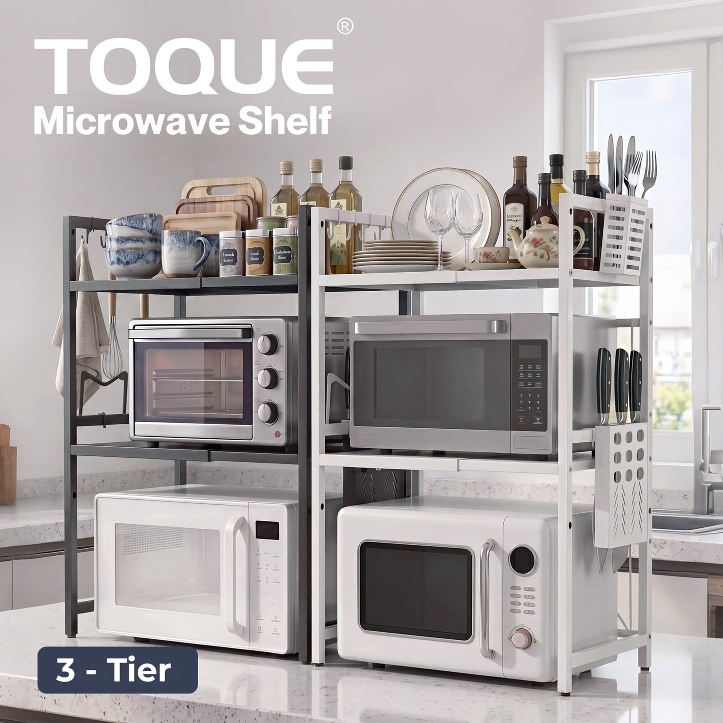 TOQUE 3 Tier Expandable Rack Stand Kitchen Storage Holder Microwave Oven Shelf