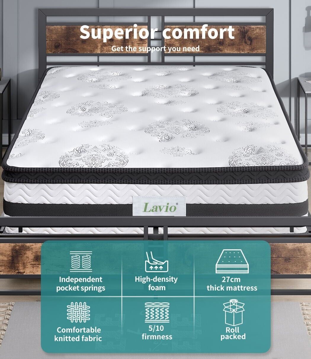 Lavio Sprung Mattress Foam 5Ft King Size Bed Top Pocket Firm Euro Soft Luxury