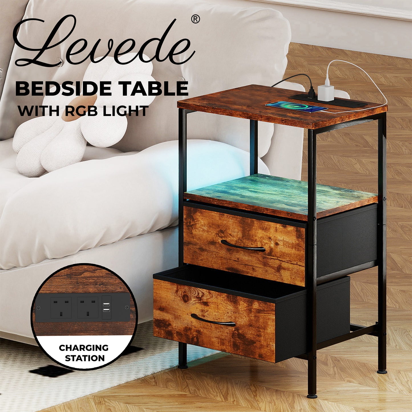 Levede LED Bedside Table 2 Drawers USB Ports Sofa End Table in Brown Black