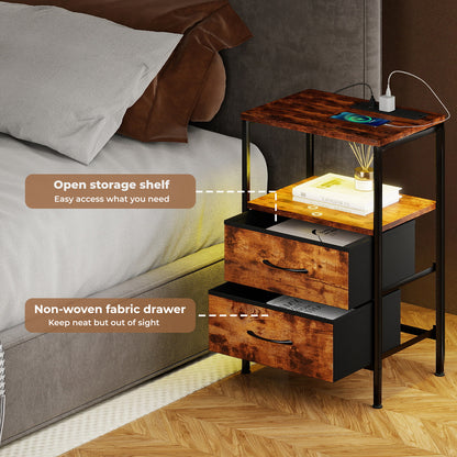 Levede LED Bedside Table 2 Drawers USB Ports Sofa End Table in Brown Black