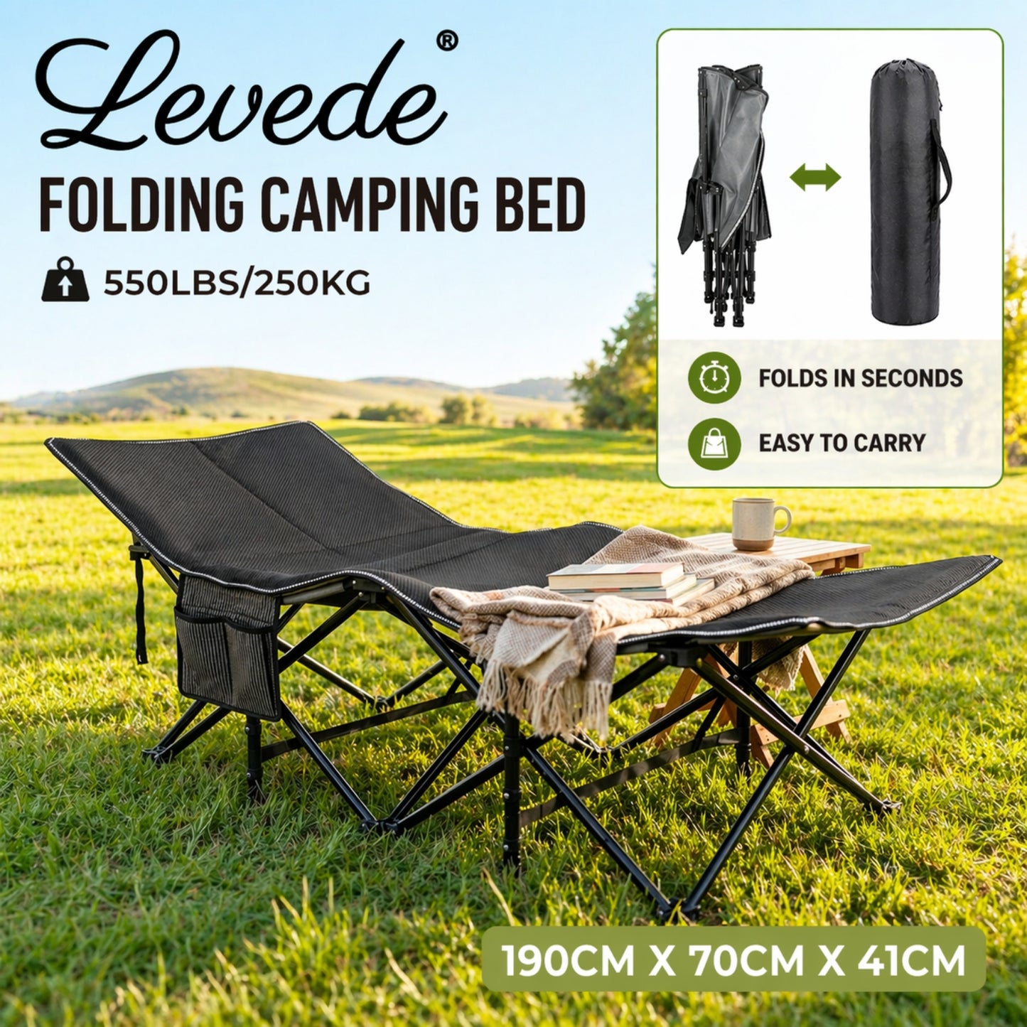 Levede Camping Cot Heavy Duty Travel Folding Camping Bed with Mattress Portable