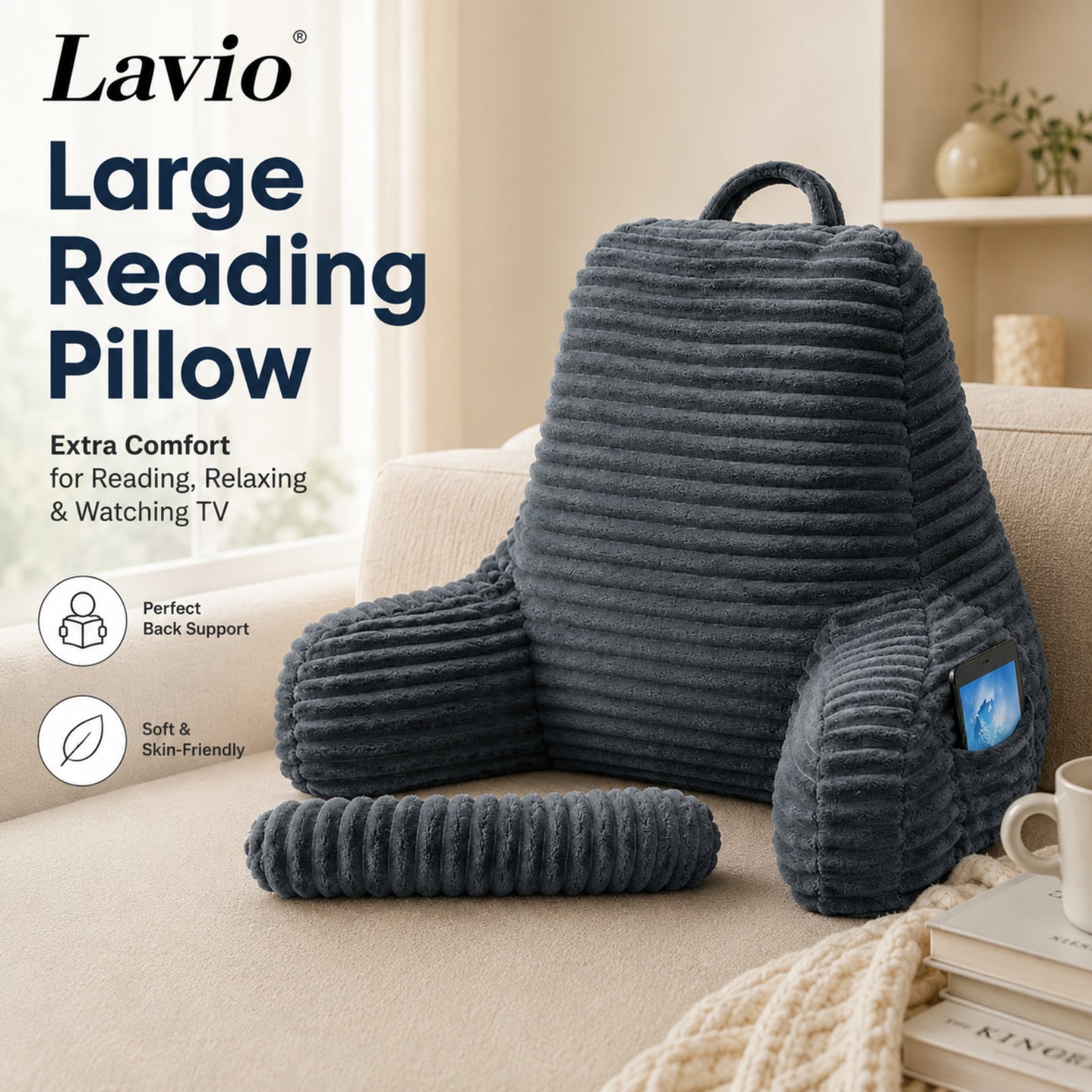 Lavio Backrest Reading Pillow Lumbar Support Arm Seat Cushion Machine Washable