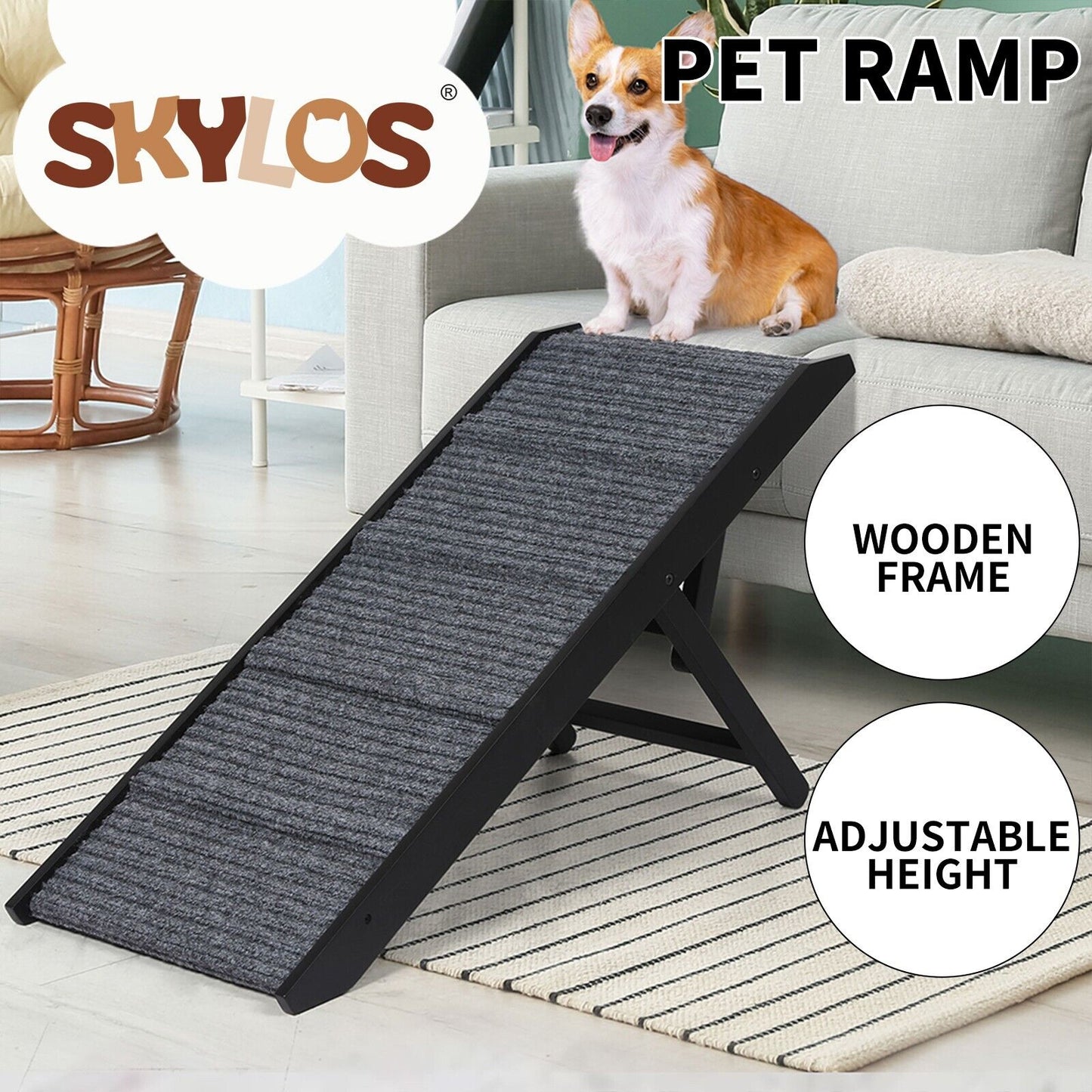 Skylos Folding Dog Ramp 90cm Pet Stair for Bed Sofa 33-45cm Height Adjustable