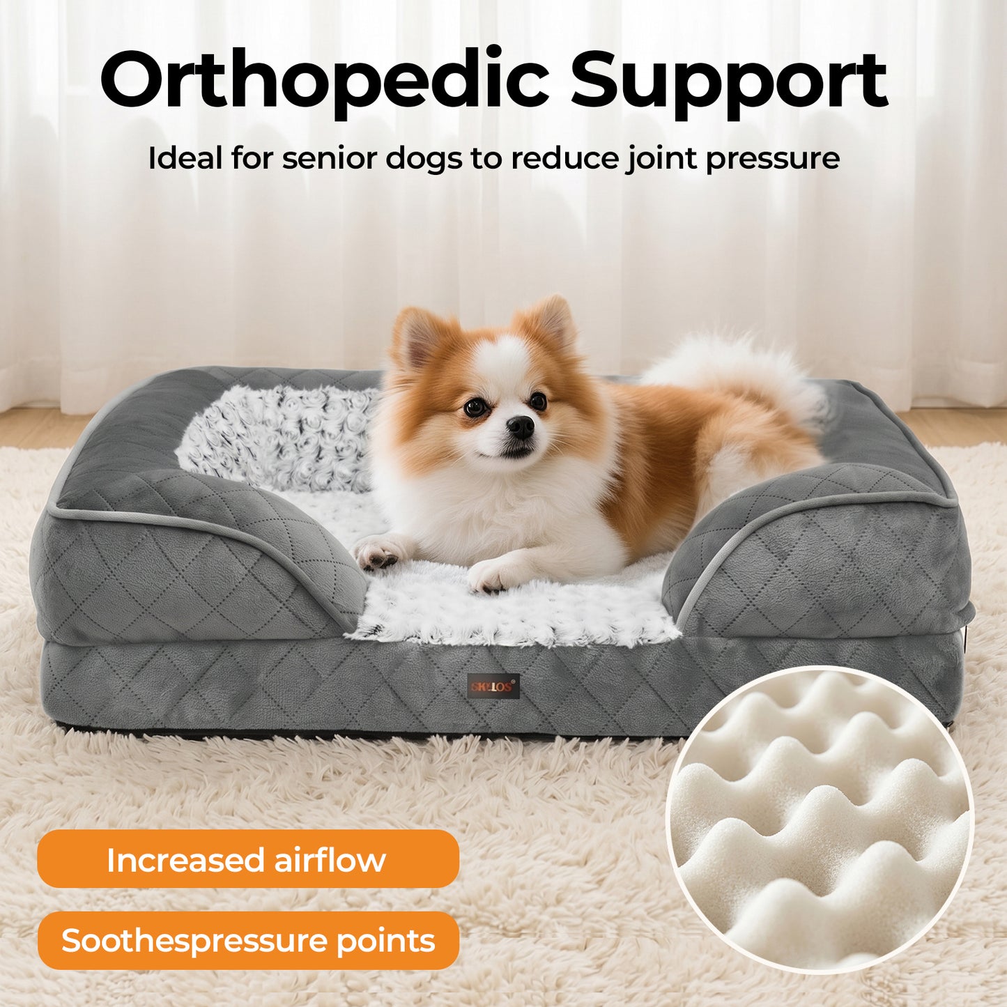 Skylos Orthopedic Pet Bed Large Memory Foam Cushion Dog Calming Velvet Washable