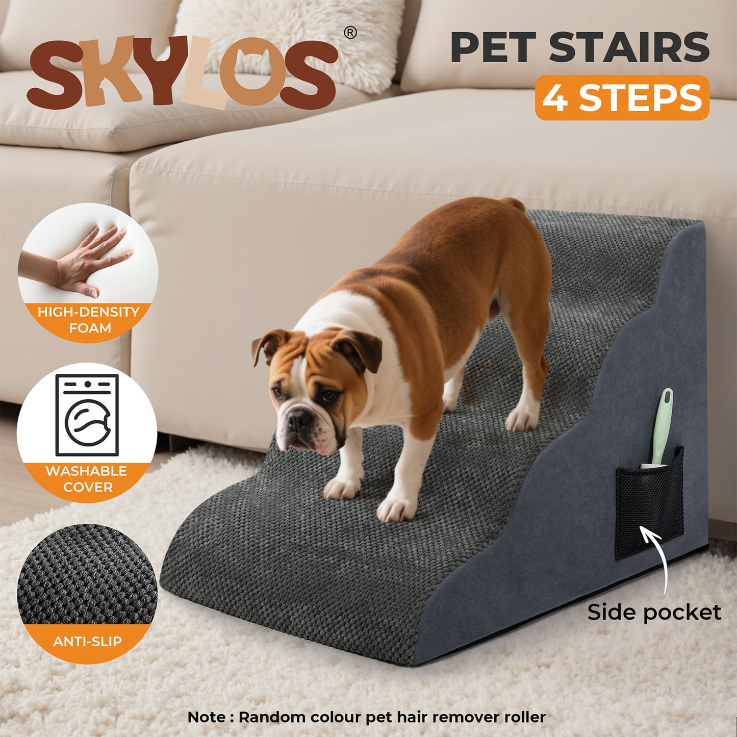 Skylos Dog Ramp Pet Stairs for Bed Sofa Small Senior Injured Dog 4 Step Washable