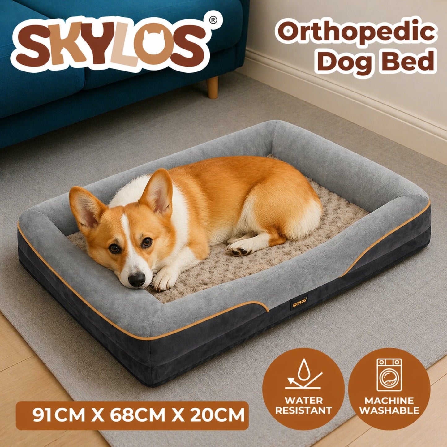 Skylos Dog Bed Orthopaedic Soft Pet Mattress Waterproof Washable Raised Bolster