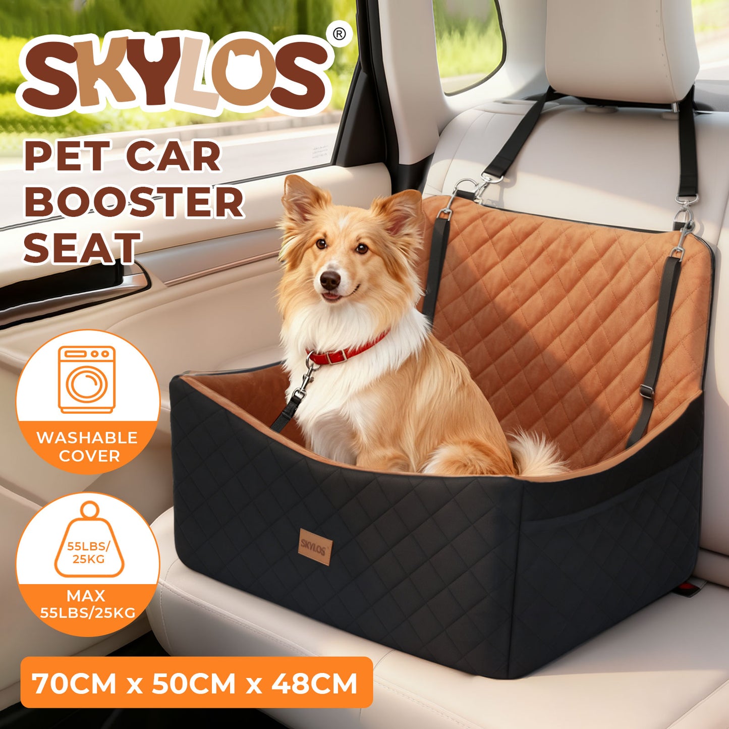 Skylos Dog Booster Car Seat Travel Carrier Bed Basket for Pet up to 55lbs Brown