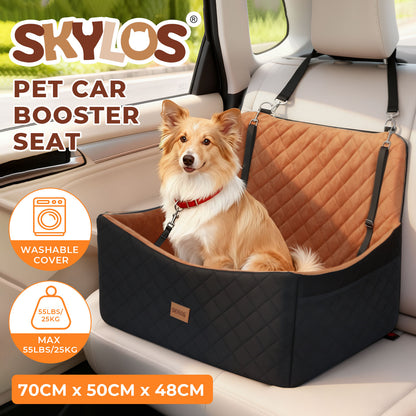 Skylos Dog Booster Car Seat Travel Carrier Bed Basket for Pet up to 55lbs Brown