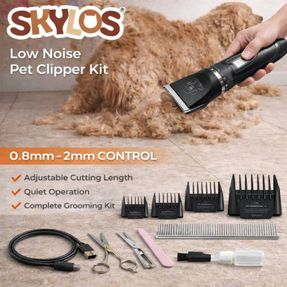 Skylos Pet Clipper Kit Dog Cat Grooming Cordless Low Noise Adjustable Trimmer