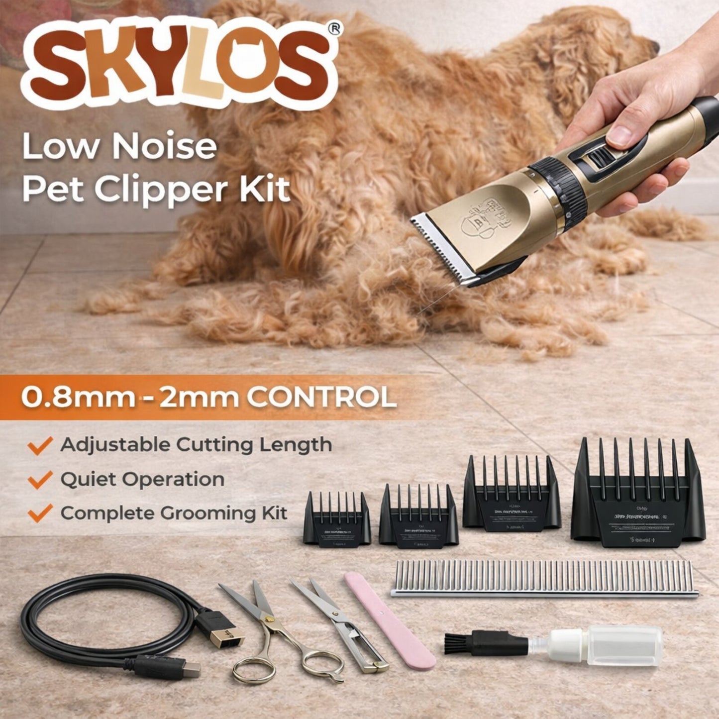 Skylos Pet Clipper Kit Dog Cat Cordless Grooming Set Adjustable Trimmer Quiet