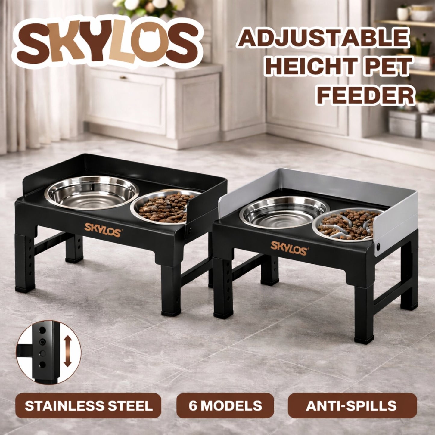 Skylos Dog Bowls Elevated with Stand Stainless Steel Bowl 6 Height Adjustable