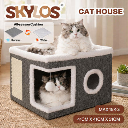 Skylos Cat House Indoor Cat Cave with Scratch Pad Fluffy Ball Pet Bed Foldable
