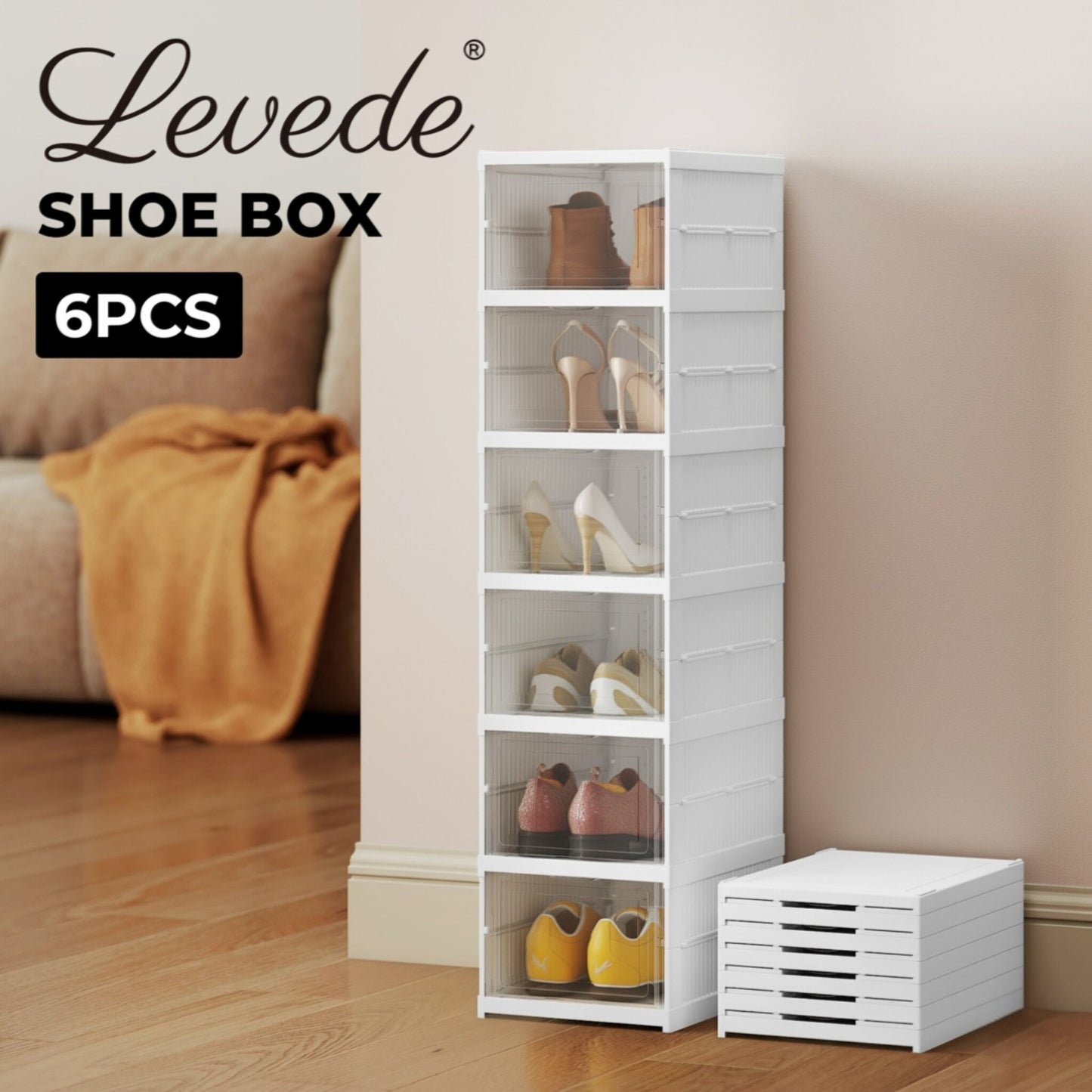 Levede Shoe Box Foldable Home Shoe Shelf Ventilated Storage Organizer 6 Pcs