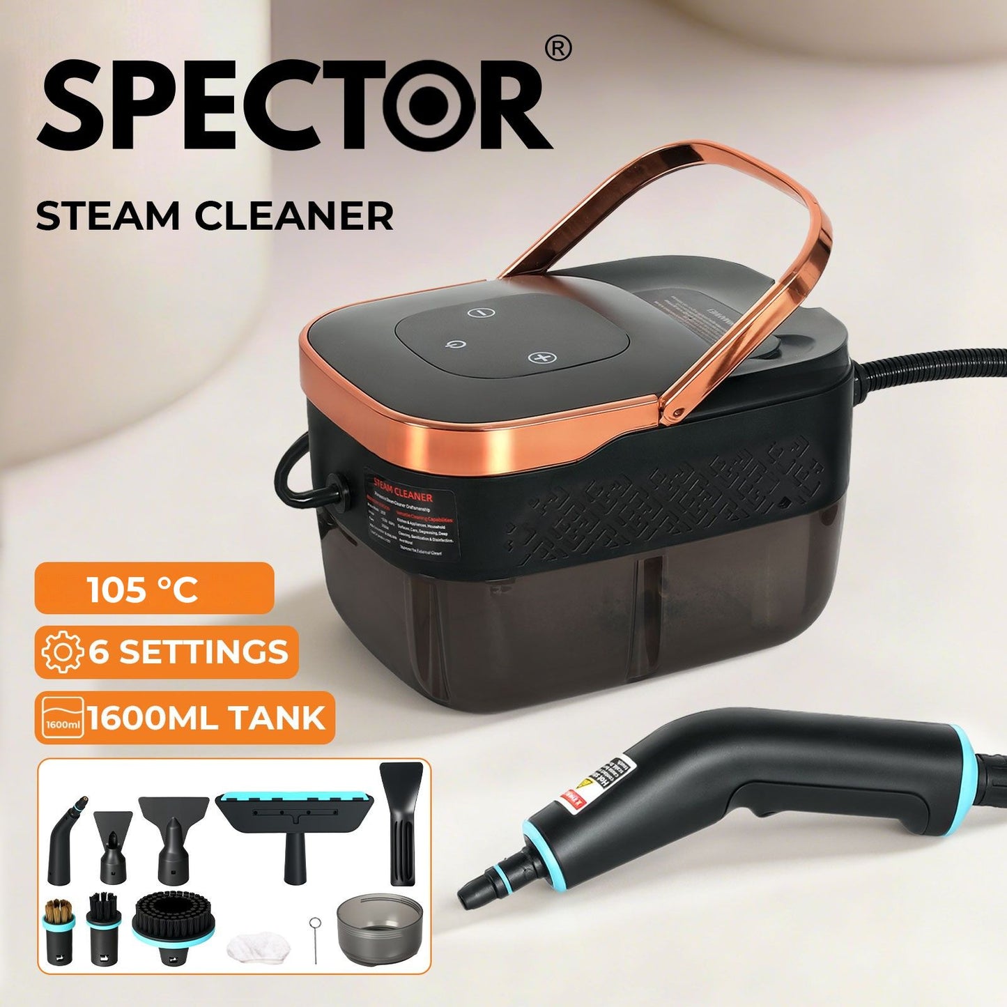 Spector Steam Cleaner Portable Multipurpose Steamer with Tools 6 Level 1600ml